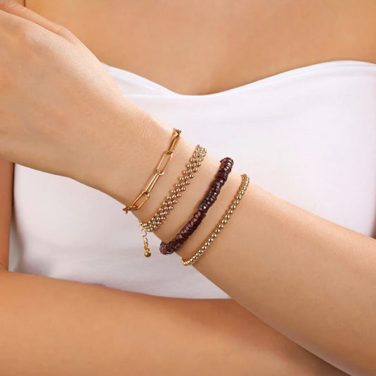 Wine Red Garnet Heishi Bracelet worn by model