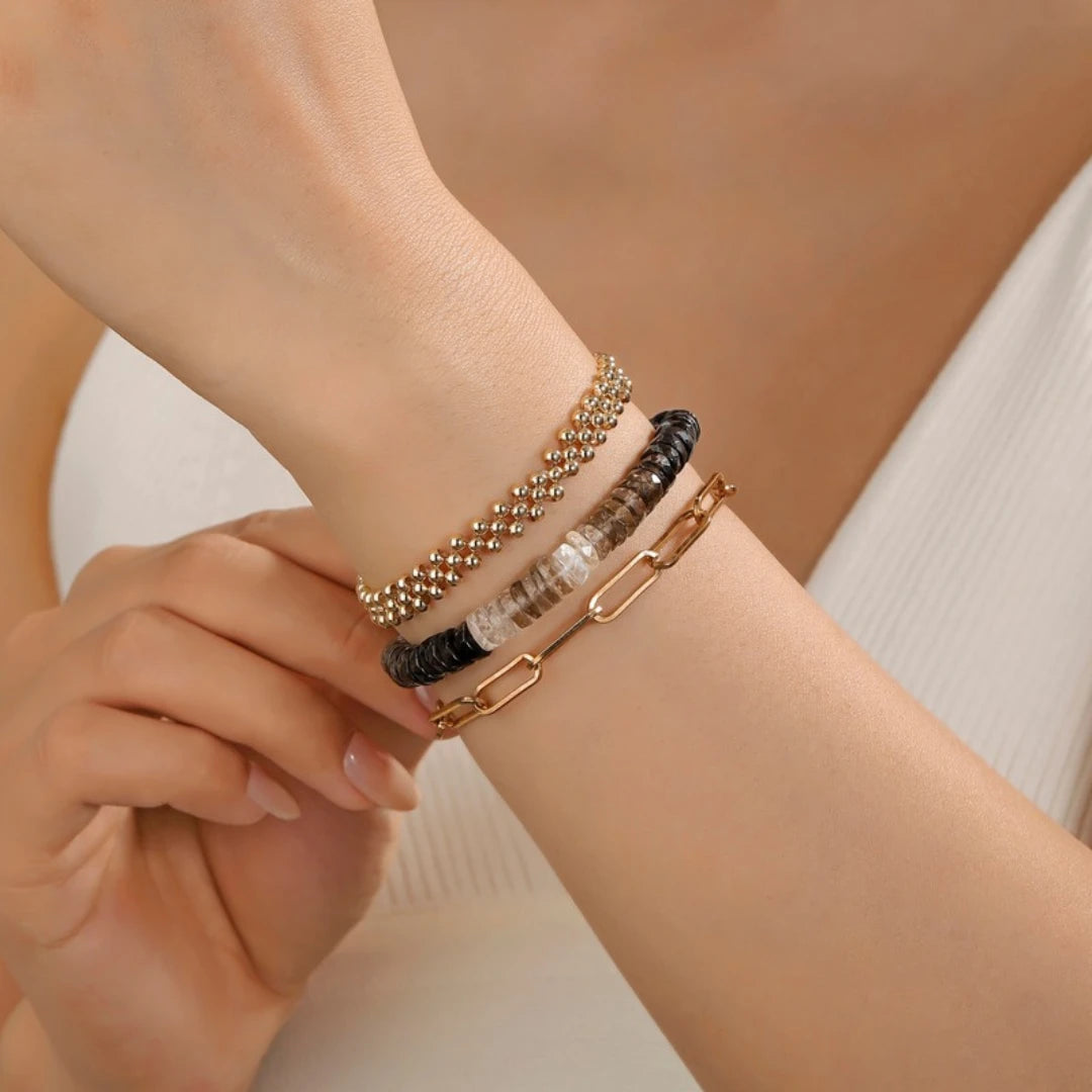 Ombre Smoky Quartz Heishi Bracelet worn by model