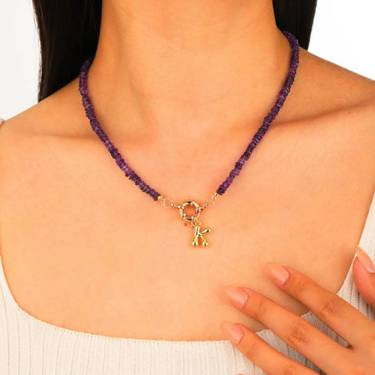 Uruguayan Amethyst Initial Necklace worn by model