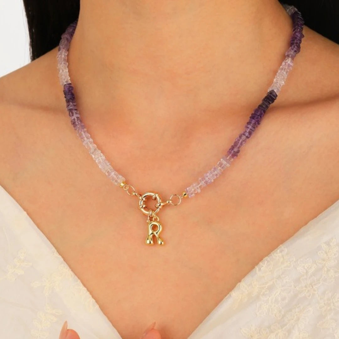 Ombre Amethyst Initial Necklace worn by model