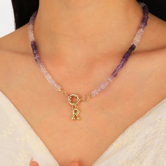 Ombre Amethyst Initial Necklace worn by model