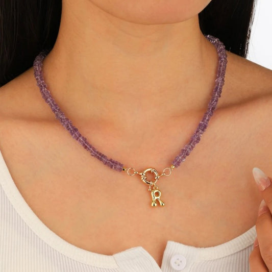 Lavender Amethyst Initial Necklace worn by model
