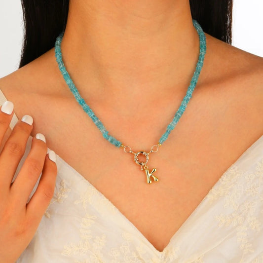 Aqua Apatite Initial Necklace worn by model
