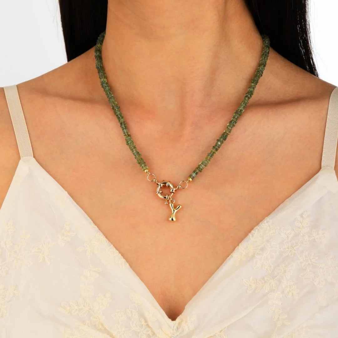 Green Apatite Initial Necklace worn by model