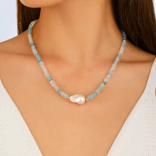 Baroque Pearl Aquamarine Morganite Necklace - NK-AQU-B5-P image 2
