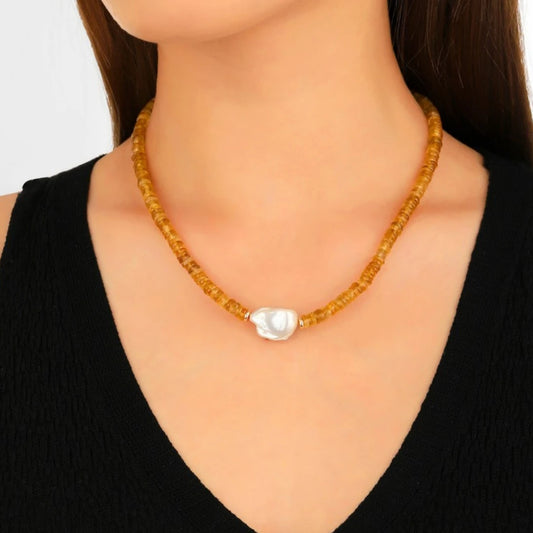 Golden Citrine Pearl Necklace - NK-CTR-B5-P image 2