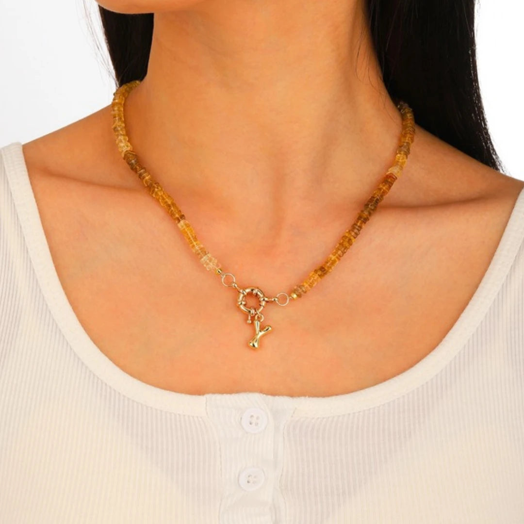 Golden Citrine Initial Necklace worn by model