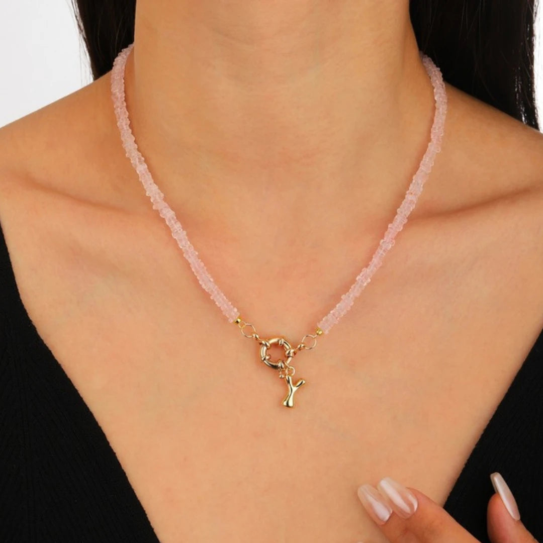 Morganite Initial Necklace worn by model