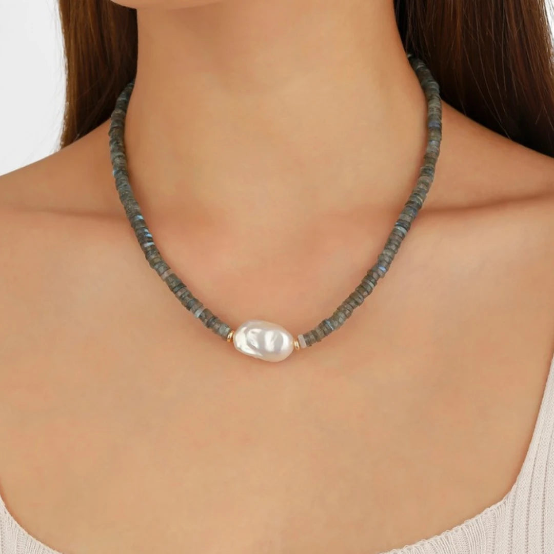 Gray Moonstone Pearl Necklace - NK-MOON-B1-P image 2