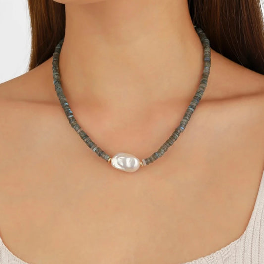 Gray Moonstone Pearl Necklace - NK-MOON-B1-P image 2