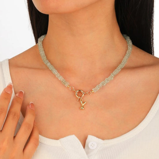 Prehnite Initial Necklace worn by model