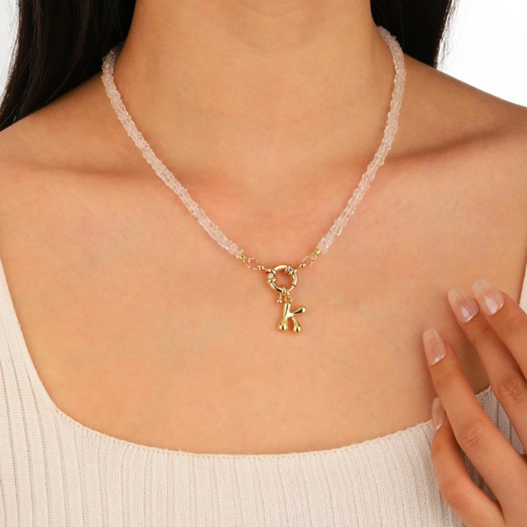 Rose Quartz Initial Necklace worn by model