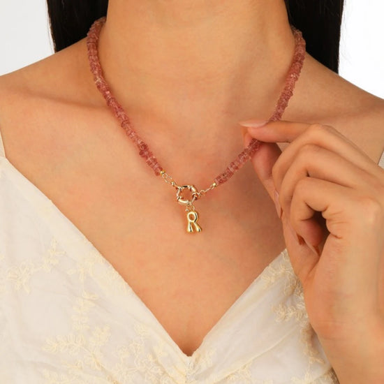Strawberry Quartz Initial Necklace worn by model