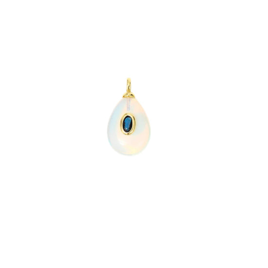 Milky White Opalescent Teardrop Stone Charm with CZ Accent