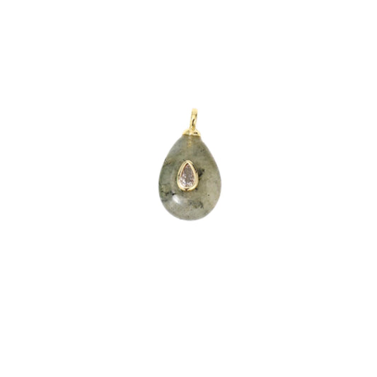 Gray Labradorite Teardrop Stone Charm with CZ Accent