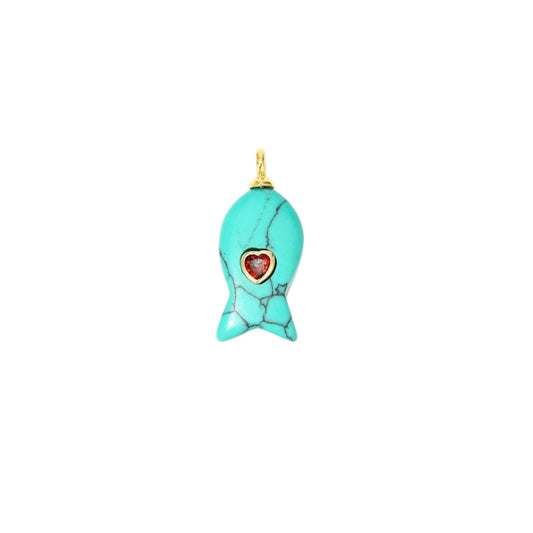 Turquoise Fish Charm with Heart CZ