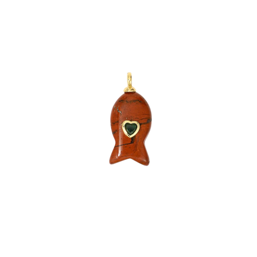 Red Jasper Fish Charm with Heart CZ