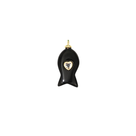 Black Onyx Fish Charm with Heart CZ
