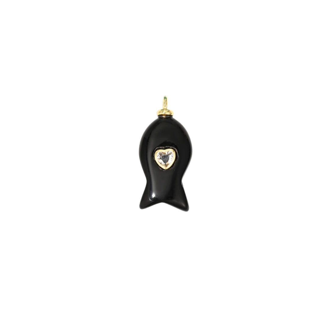 Black Onyx Fish Charm with Heart CZ
