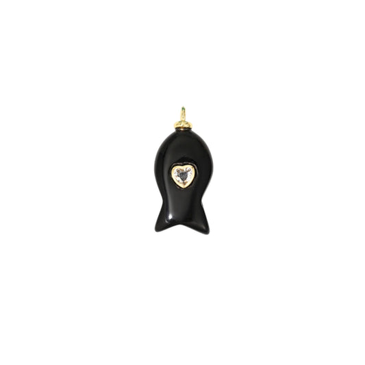 Black Onyx Fish Charm with Heart CZ
