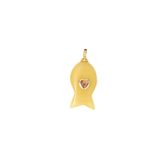 Yellow Jade Fish Charm with Heart CZ
