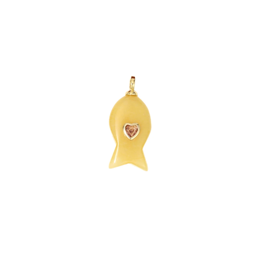 Yellow Jade Fish Charm with Heart CZ