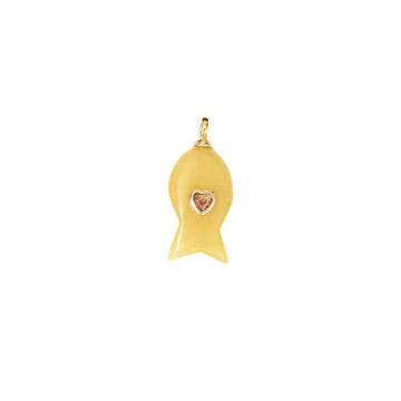 Yellow Jade Fish Charm with Heart CZ