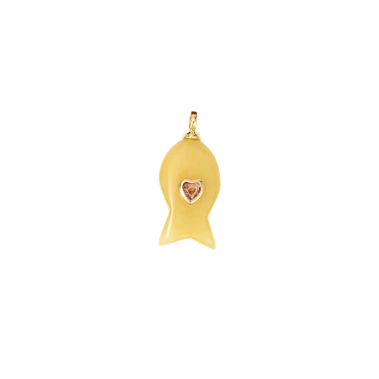 Yellow Jade Fish Charm with Heart CZ