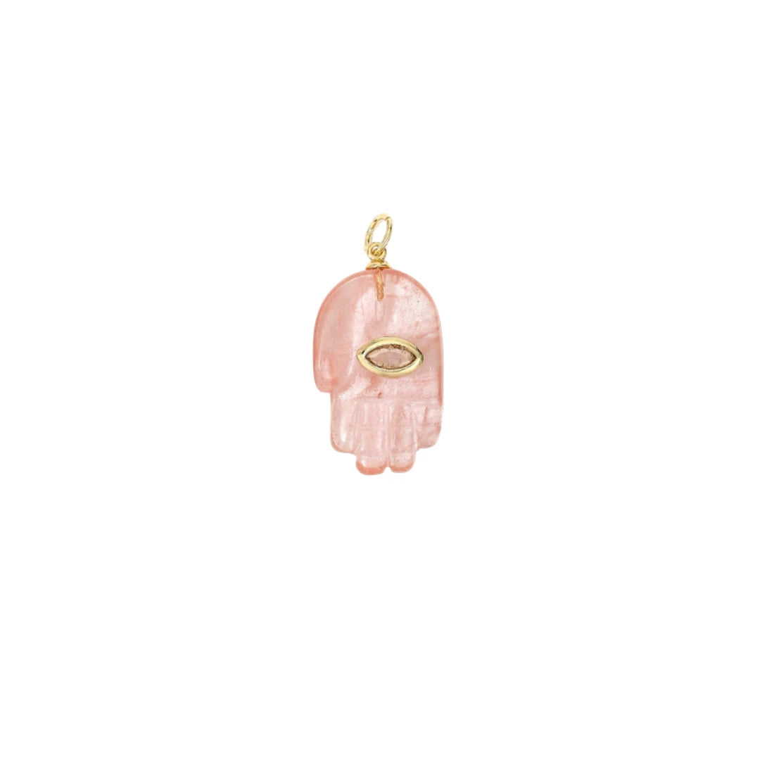 Cherry Quartz Hamsa Hand Charm with Evil Eye